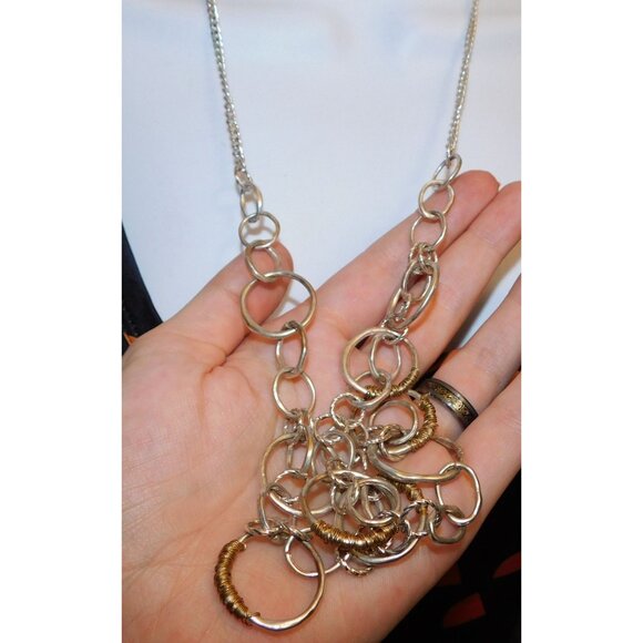 Wrapped Circle Geometric Silver And Gold Tone Link Necklace - Picture 1 of 6
